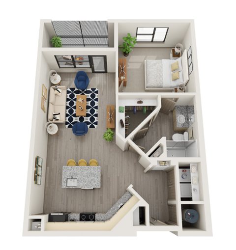 A top-down view of a small apartment with a bedroom, living room, and kitchen.